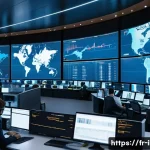 Home 16 국제물류관리사 실기 준비 꿀팁 - A modern international logistics control room bustling with activity, featuring diverse professional...