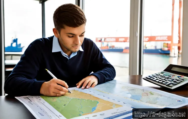 Home 14 국제물류관리사 기출문제 분석 - Photorealistic French logistics certification exam preparation scene, mature student at a tidy home ...